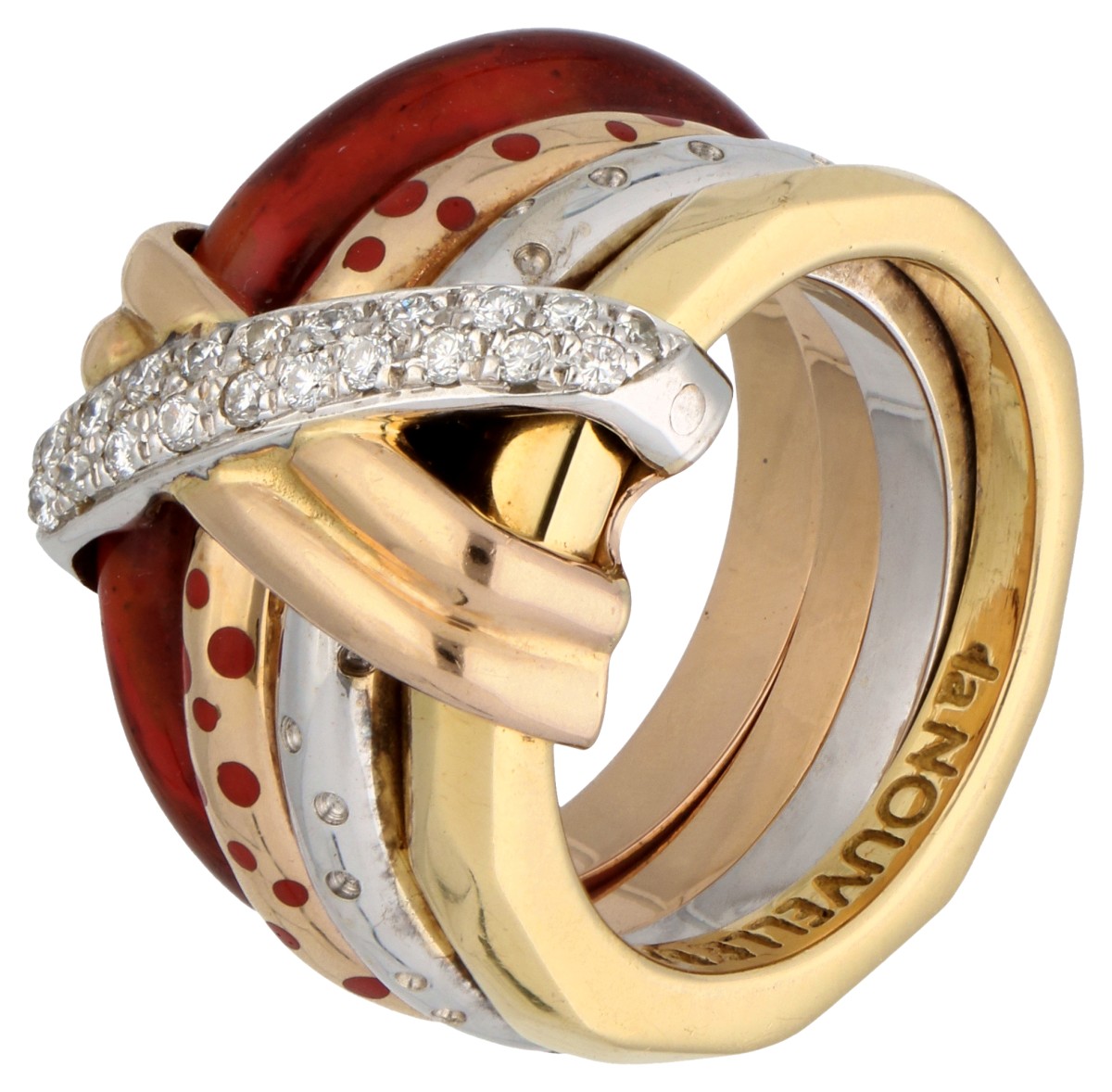 'la Nouvelle Bague' 18K tricolor gouden design ring bezet met ca. 0.20 ct. diamant.