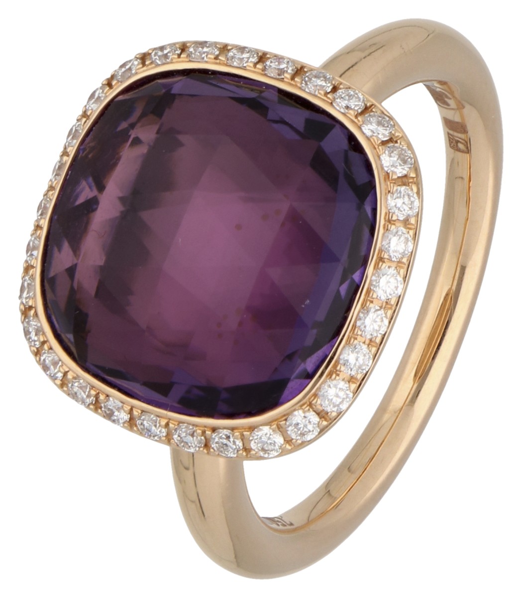 18K Roségouden entourage ring bezet met amethyst en diamant