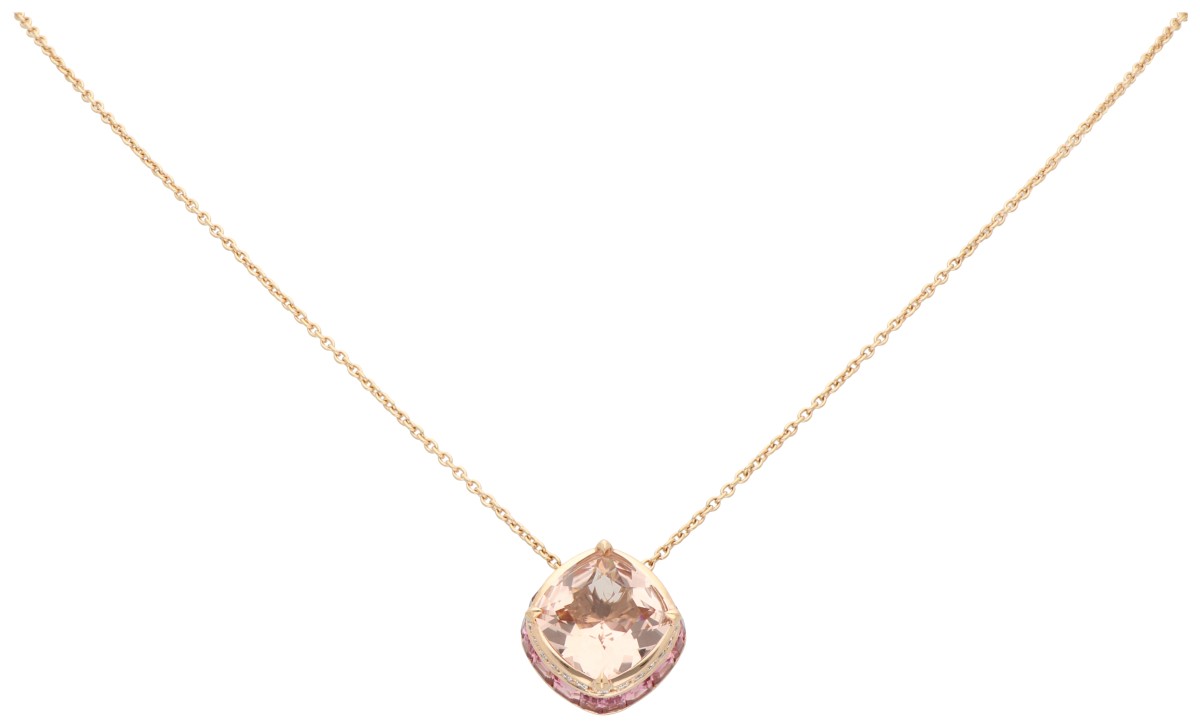 18K Roségouden collier met hanger bezet met morganiet, toermalijn en diamant.