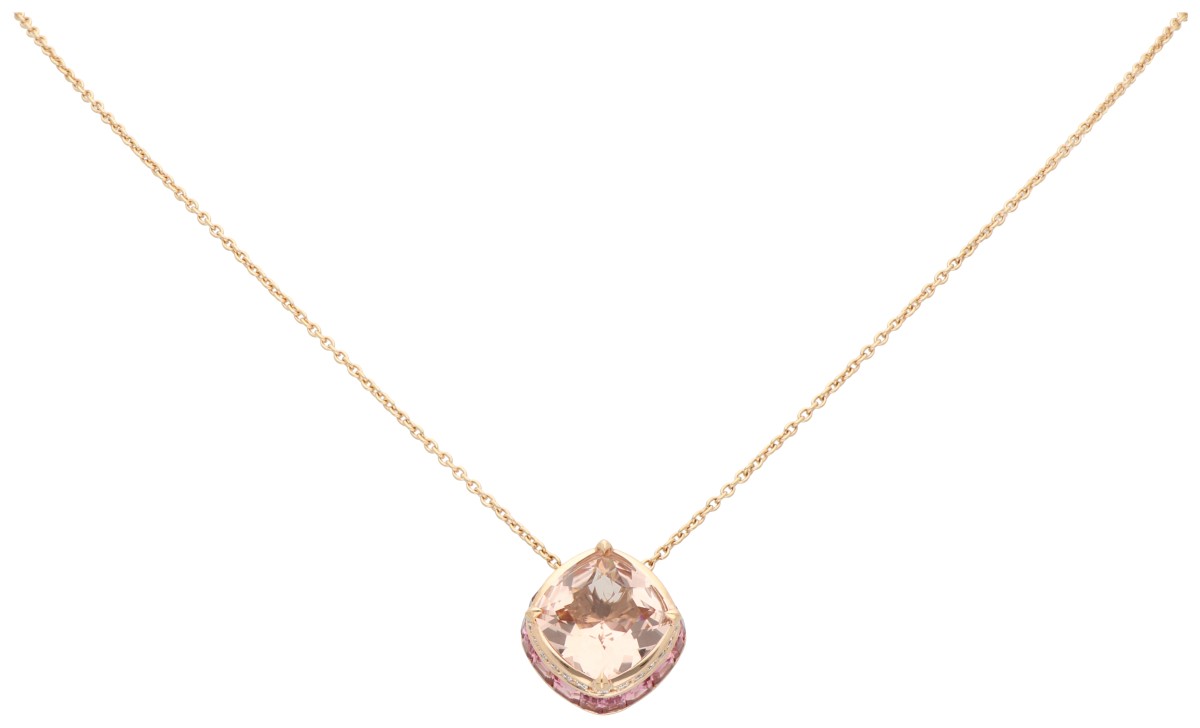 18K Roségouden collier met hanger bezet met morganiet, toermalijn en diamant.