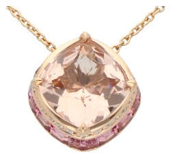 18K Roségouden collier met hanger bezet met morganiet, toermalijn en diamant.