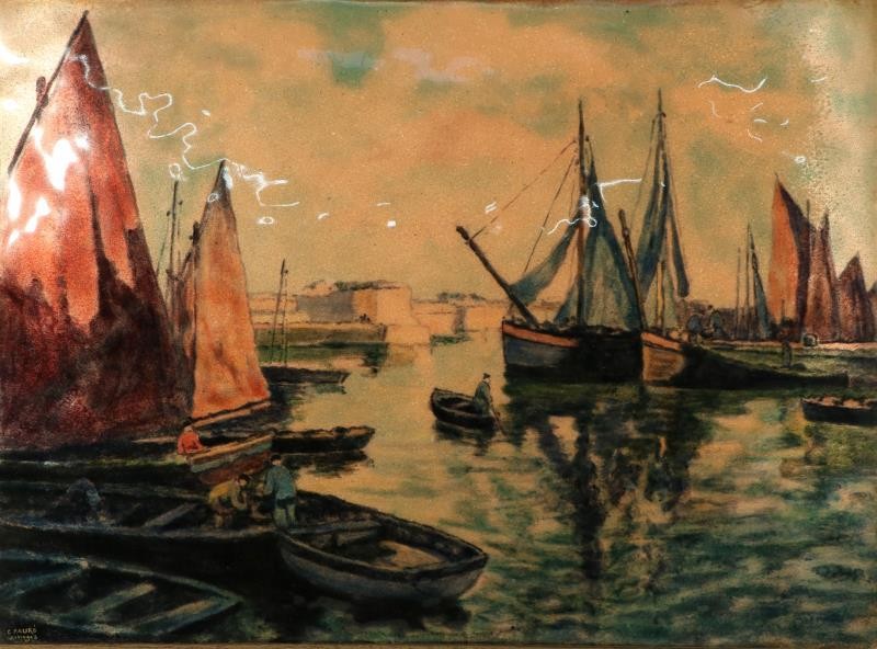 Naar E. Faurré, Een Limoges scene op koper voorstellende een Franse havenstad, 1e helft 20e eeuw.