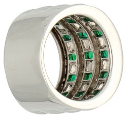 18K Witgouden band ring bezet met smaragd en diamant.