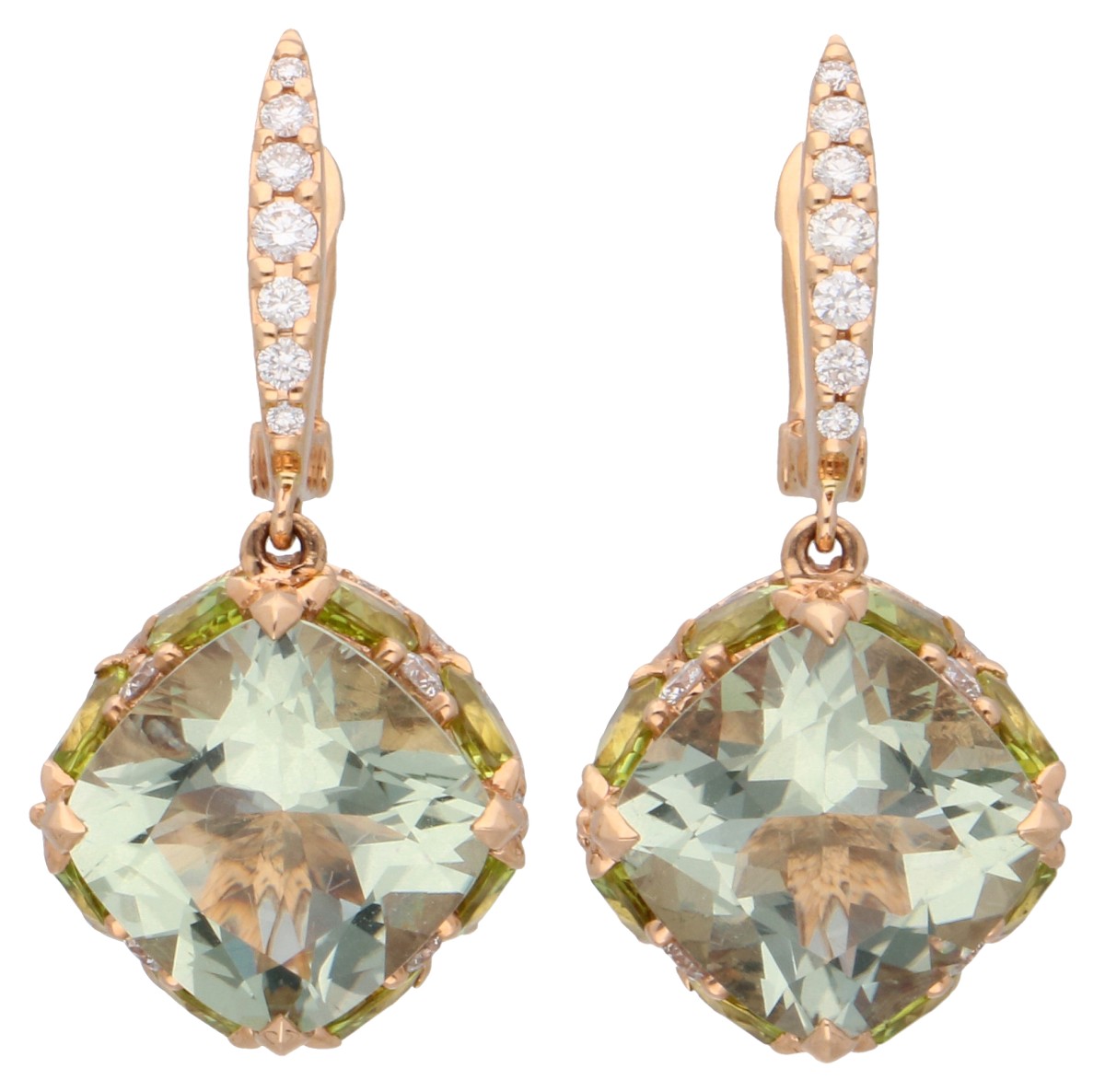 18K Roségouden oorhangers met groene kwarts, peridot en diamant.