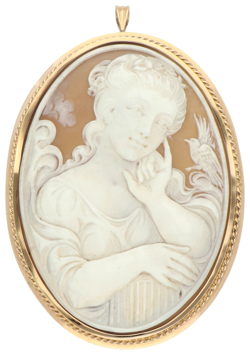 14K Geelgouden hanger/broche van een schelpcamee met Griekse godin Aphrodite.