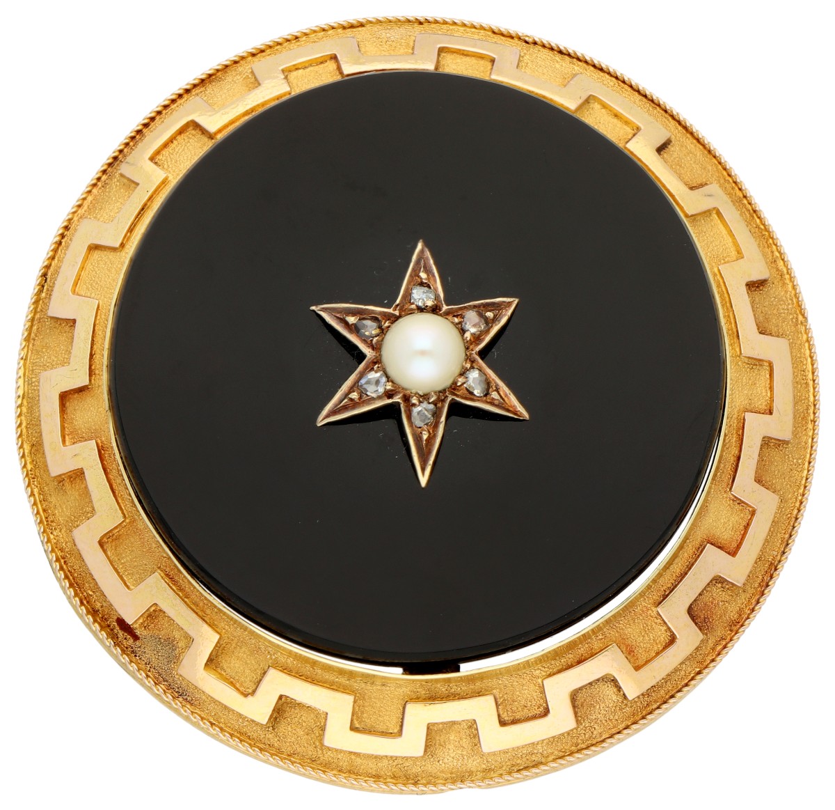 Antieke 14K geelgouden onyx broche met parel en diamant