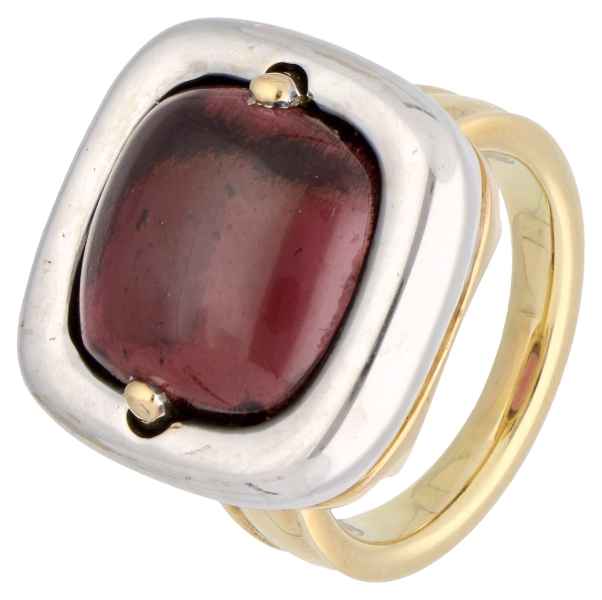 14K Bicolor gouden design ring bezet met ca. 8.16 ct. granaat.