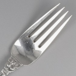 Georg Jensen lunchvorken (6), model Acorn, zilver. Ontworpen door Johan Rohde in 1915.