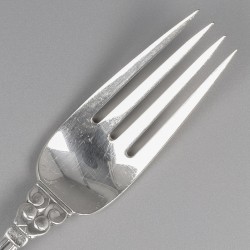 Georg Jensen lunchvorken (6), model Acorn, zilver. Ontworpen door Johan Rohde in 1915.