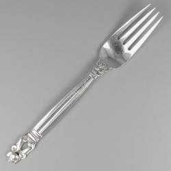 Georg Jensen lunchvorken (6), model Acorn, zilver. Ontworpen door Johan Rohde in 1915.