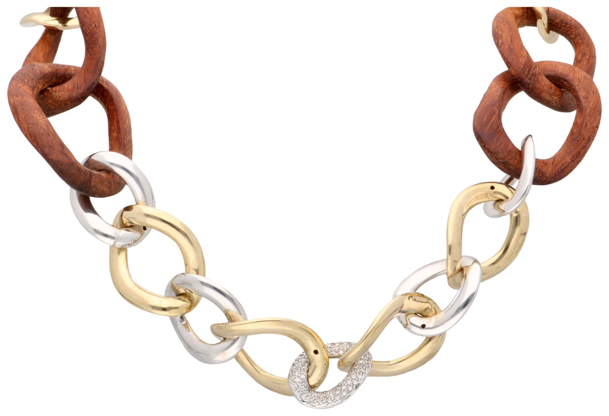 Arinilea 18K bicolor gouden  houten schakel collier met zirconia.