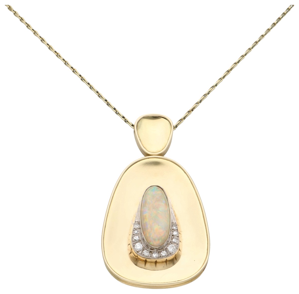 14K Geelgouden hanger aan collier bezet met ca. 3.03 ct. natuurlijk opaal en diamant