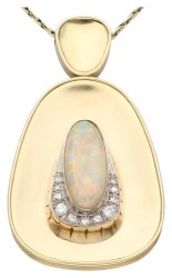 14K Geelgouden hanger aan collier bezet met ca. 3.03 ct. natuurlijk opaal en diamant