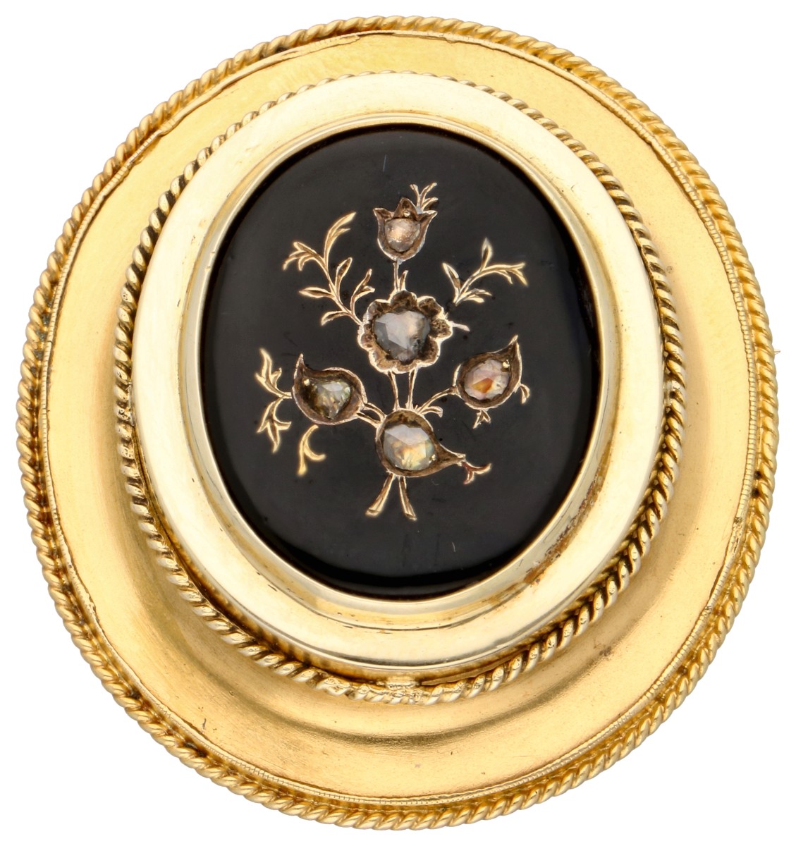 Antieke gouden/zilveren onyx broche met roos diamant