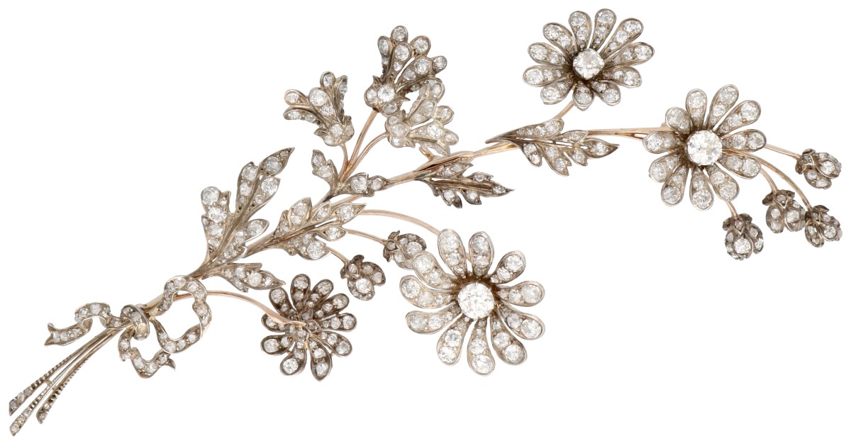 Antieke geelgouden multifunctionele broche / aigrette met oud geslepen diamanten 'en tremblant'.