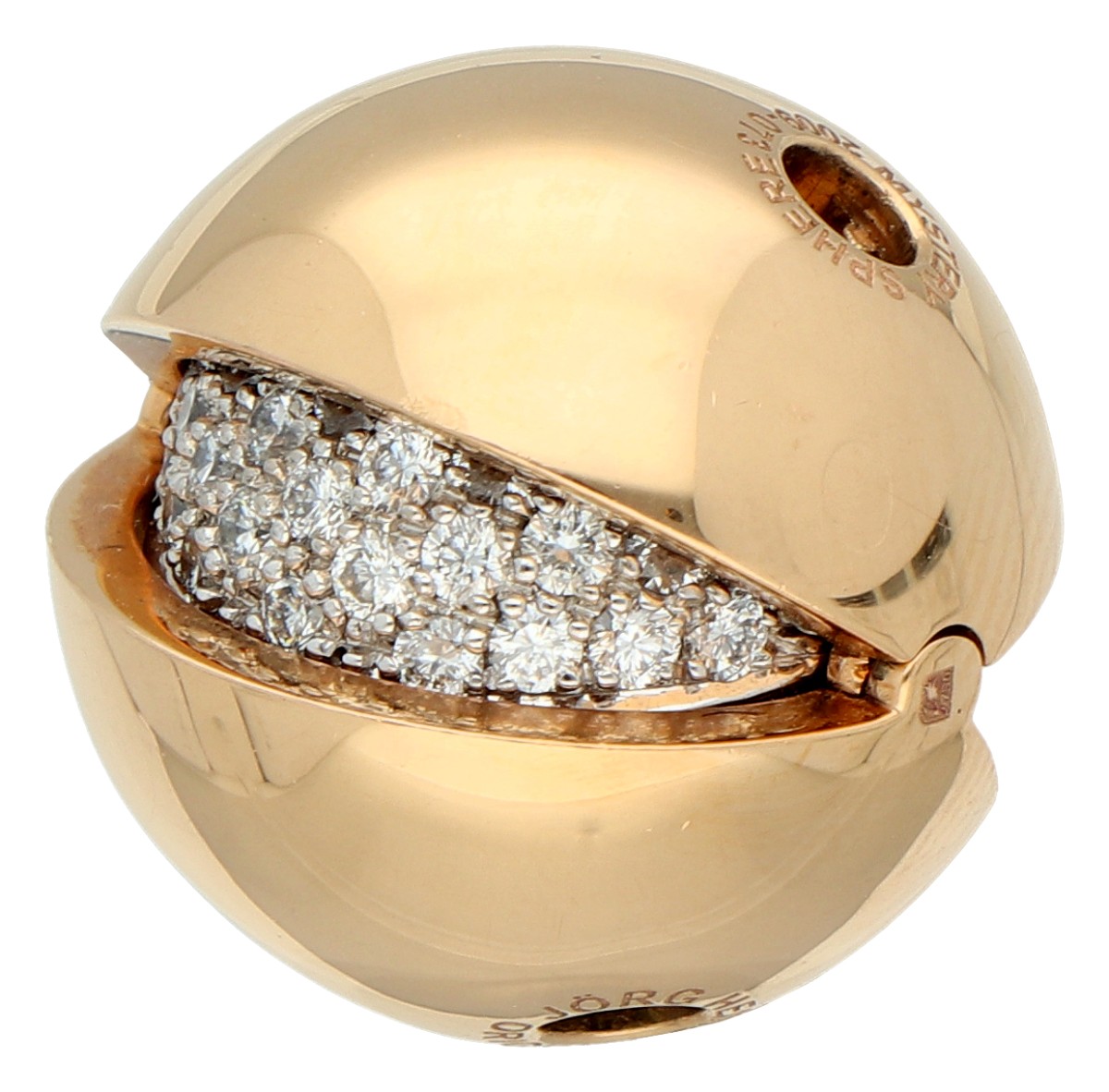 18K Roségouden Jorg Heinz 'Mystery Sphere' balslot bezet met ca. 0.89 ct. diamant en Zuidzee parel.