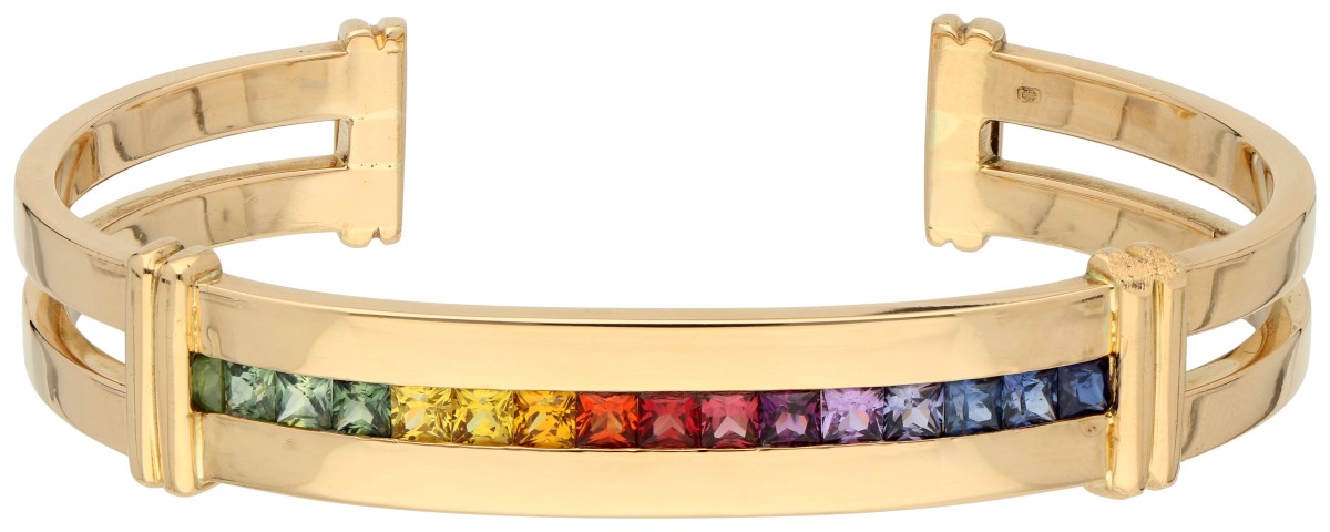 14K Geelgouden regenboog cuff armband met saffier.