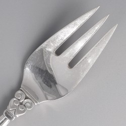 Georg Jensen visvorken (6), model Acorn, zilver. Ontworpen door Johan Rohde in 1915.