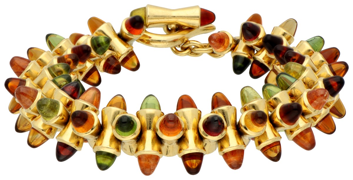 Tamara Comolli 18K geelgouden 'hourglass' armband met diverse kleuren granaat.