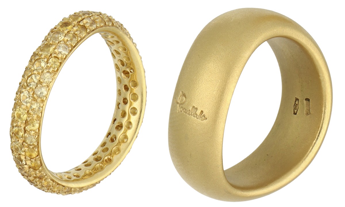 Pomellato 18K geelgouden set wave band ringen bezet met gele saffier.