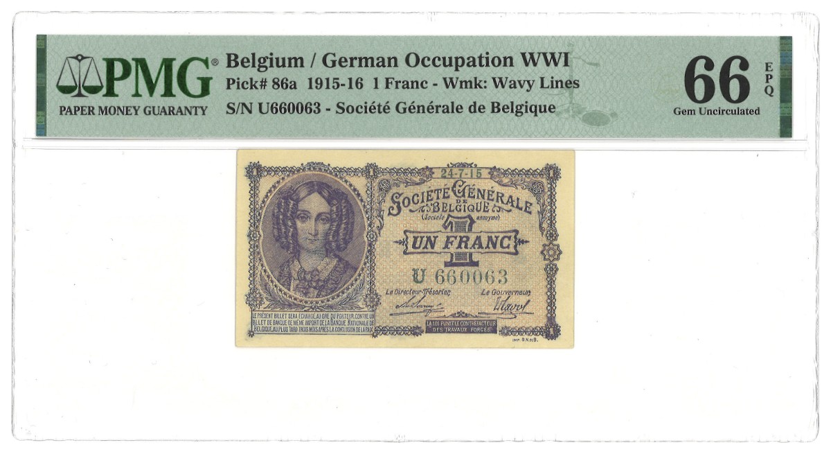 Belgium. 1 Franc. Banknote. Type 1915/1916. Type Top pop. - PMG 66EPQ