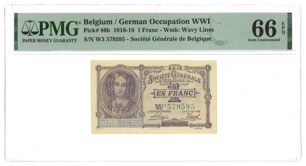 Belgium. 1 Franc. Banknote. Type 1916/1918. Type Top pop. - PMG 66EPQ