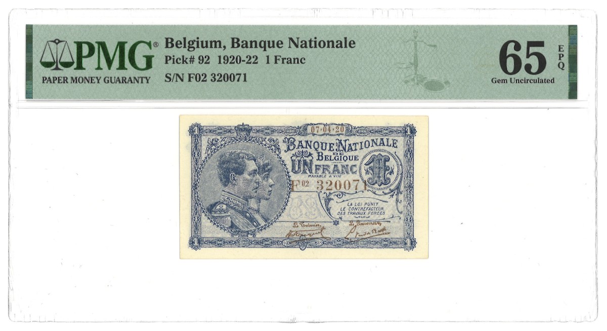 Belgium. 1 Franc. Banknote. Type 1920/1922. - PMG 65EPQ