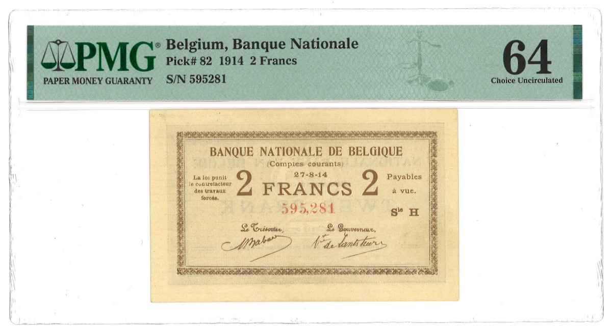 Belgium. 2 Franc. Banknote. Type 1914. Type Top pop. - PMG 64