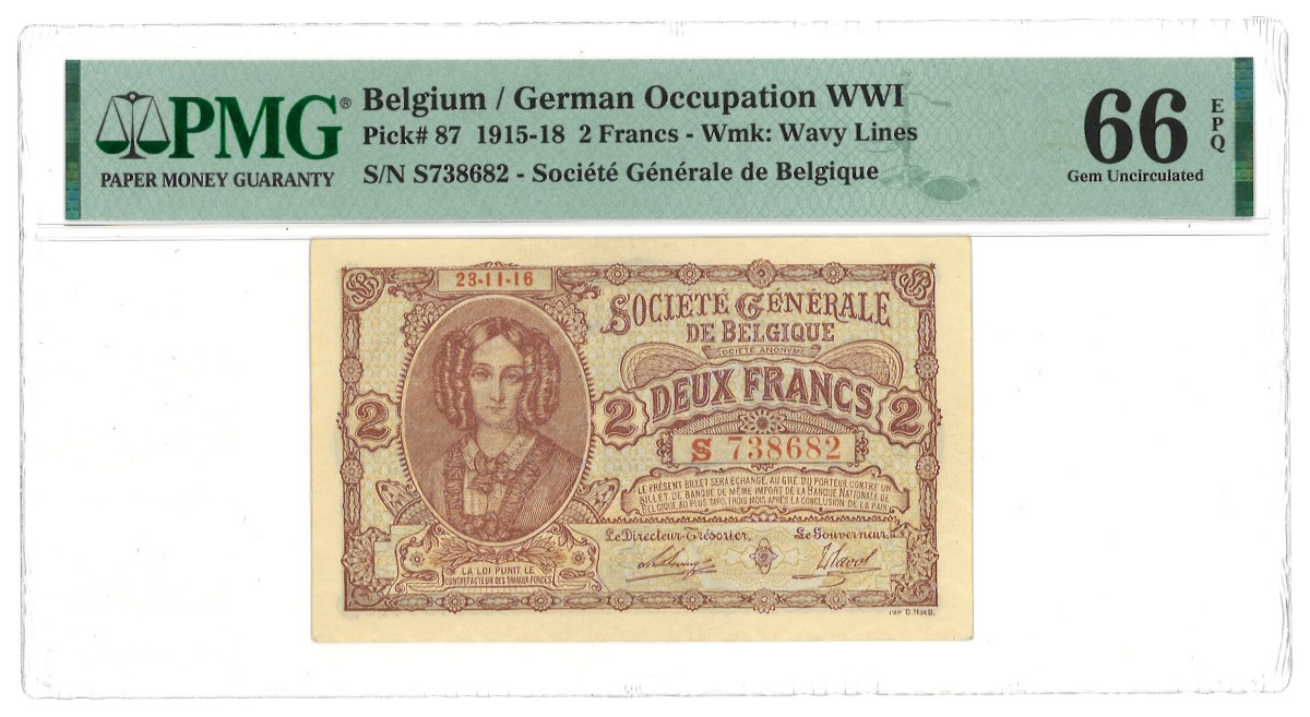 Belgium. 2 Francs. Banknote. Type 1915/1918. Type Top pop. - PMG 66EPQ