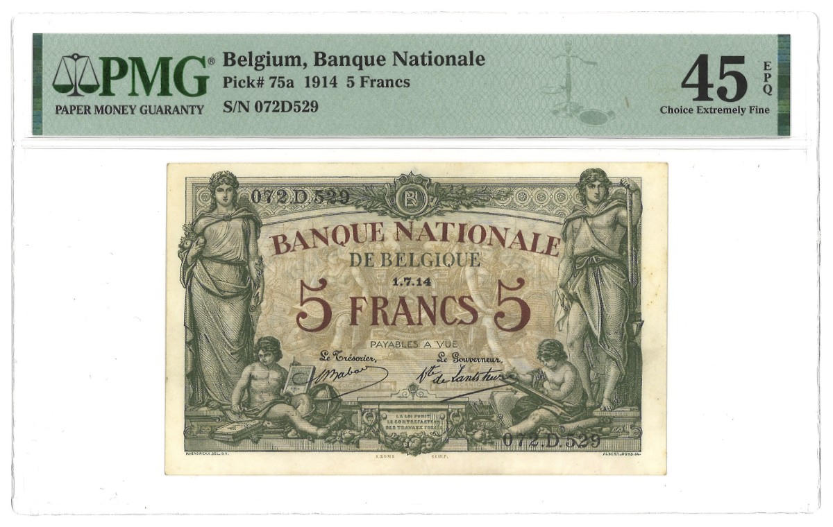 Belgium. 5 Francs. Banknote. Type 1914. - PMG 45EPQ