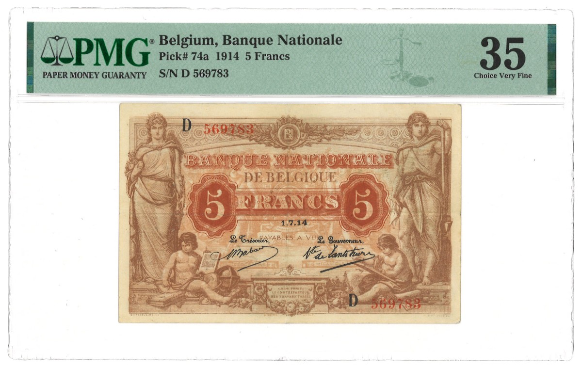 Belgium. 5 Francs. Banknote. Type 1914. - PMG 35