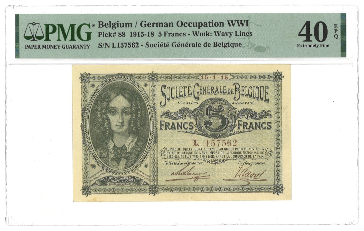 Belgium. 5 Francs. Banknote. Type 1915/1918. Type Very Rare. - PMG 40EPQ