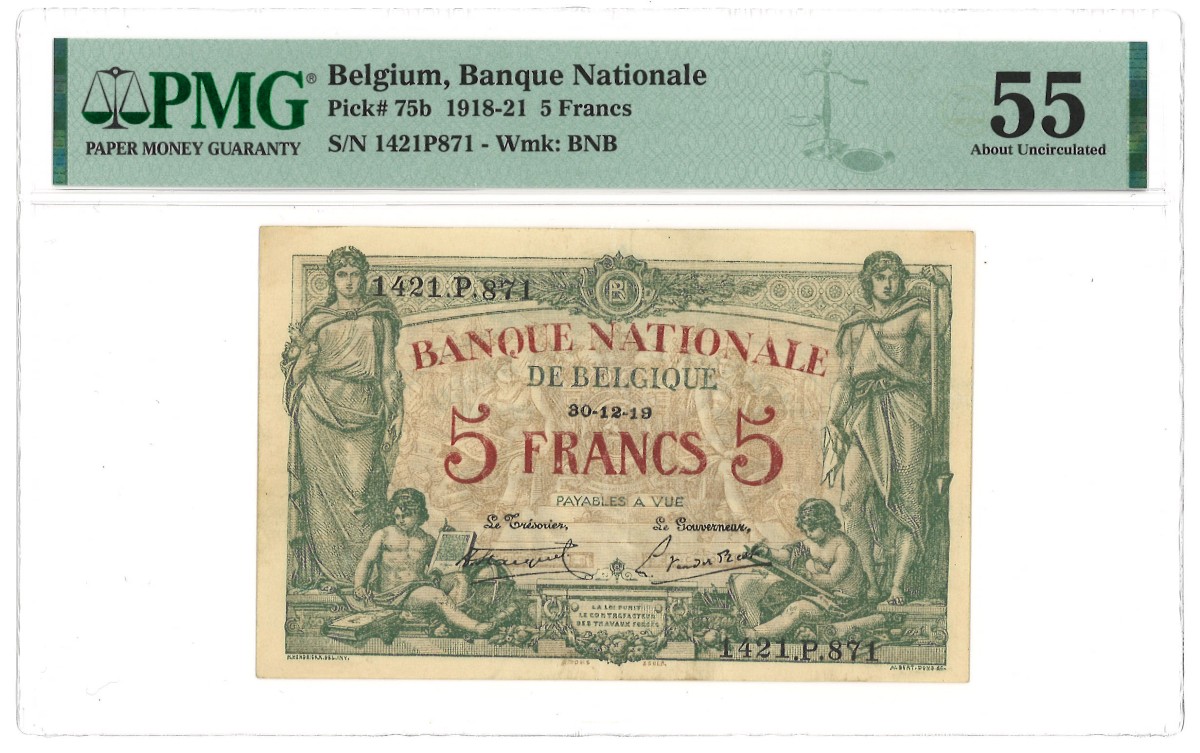 Belgium. 5 Francs. Baknknote. Type 1918/1921. - PMG 55