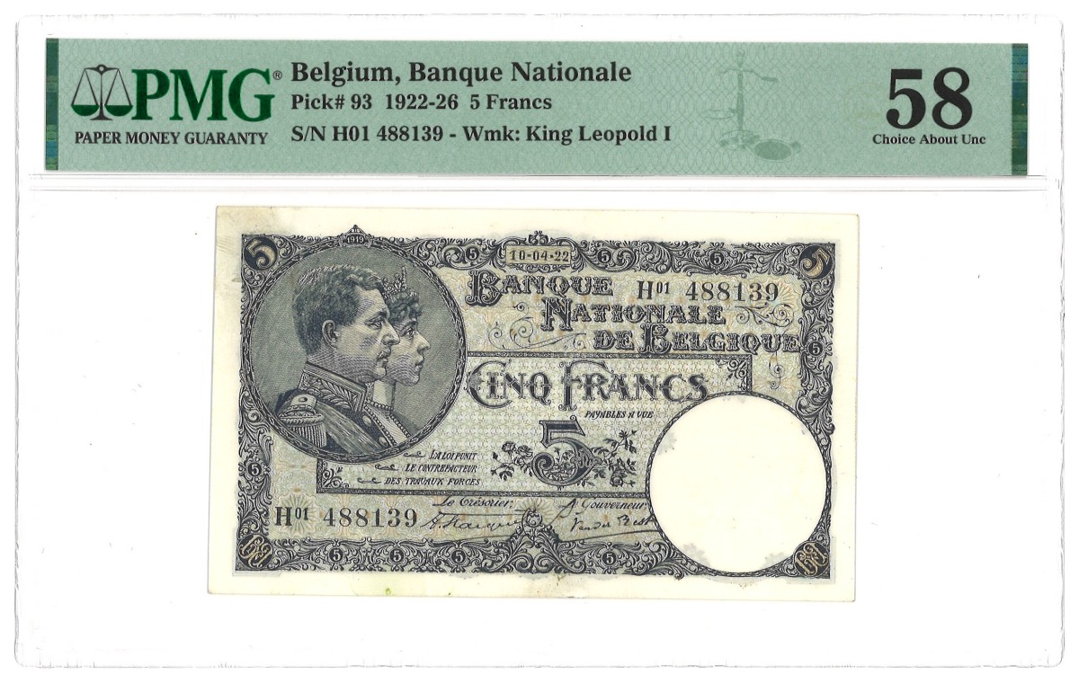 Belgium. 5 Francs. Banknote. Type 1922/1926. - PMG 58