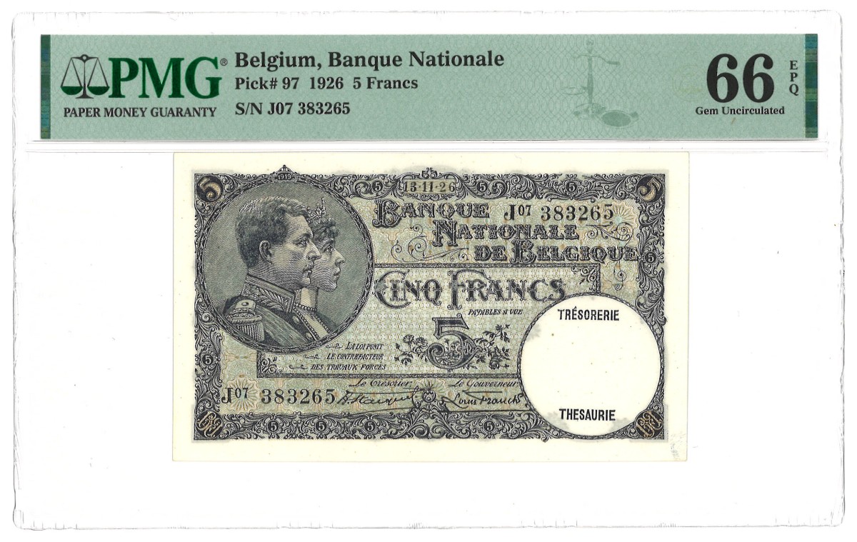 Belgium. 5 Francs. Banknote. Type 1926. -  PMG 66EPQ