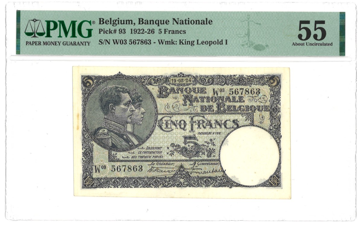 Belgium. 5 Francs. Banknote. Type 1922/1926. - PMG 55