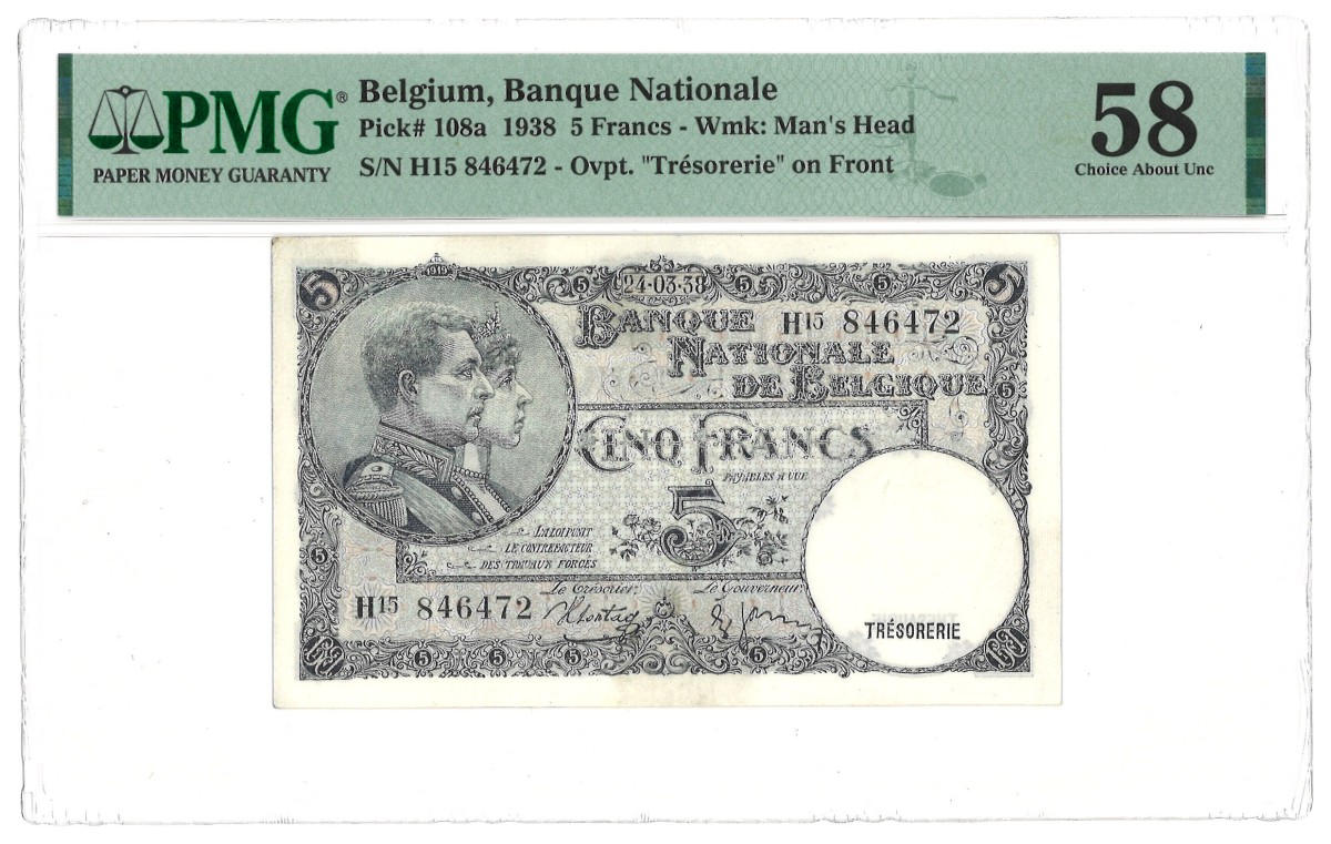 Belgium. 5 Francs. Banknote. Type 1938. - PMG 58