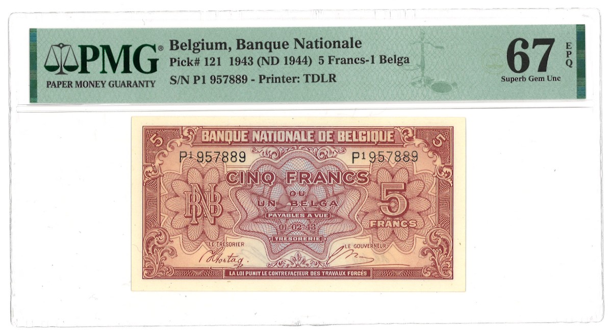 Belgium. 5 Francs. Banknote. Type 1943. Type Top pop. - PMG 67EPQ