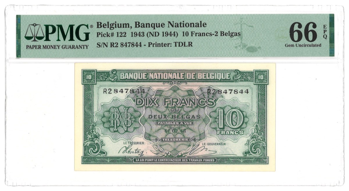 Belgium. 10 Francs. Banknote. Type 1943. Type Top pop. - PMG 66EPQ