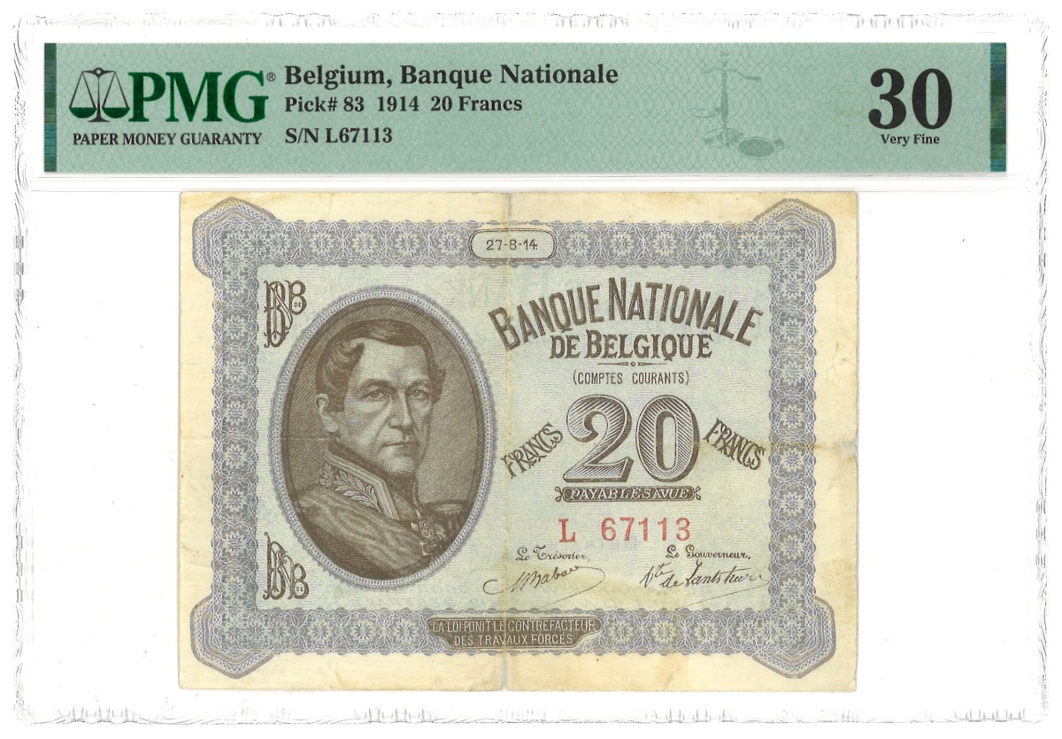 Belgium. 20 Francs. Banknote. 4 in higher grading. - PMG 30