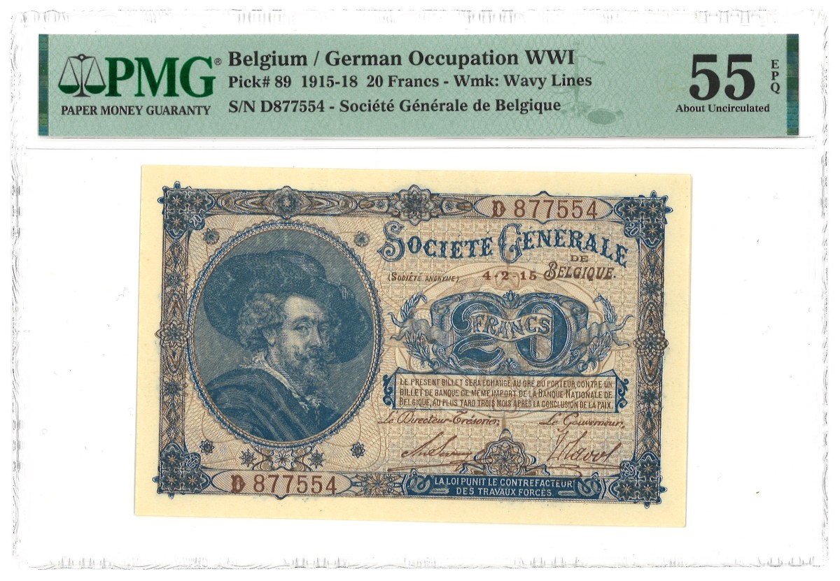 Belgium. 20 Francs. Banknote. Type 1915/1918. Type Rare. - PMG55 EPQ