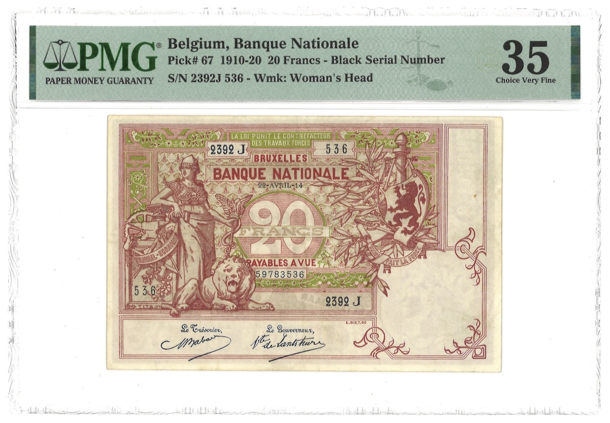 Belgium. 20 Francs. Banknote. Type 1910/1920. - PMG 35