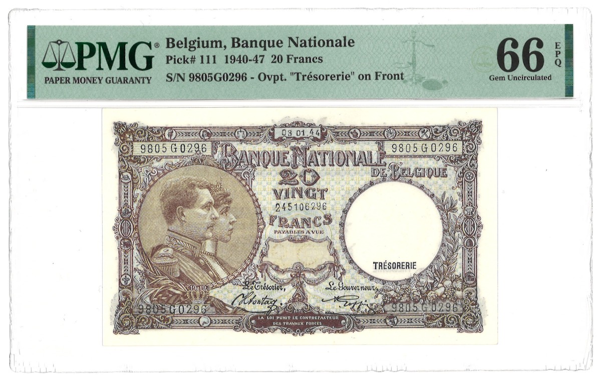 Belguim. 20 Francs. Banknote. Type 1940/1947. - PMG 66EPQ