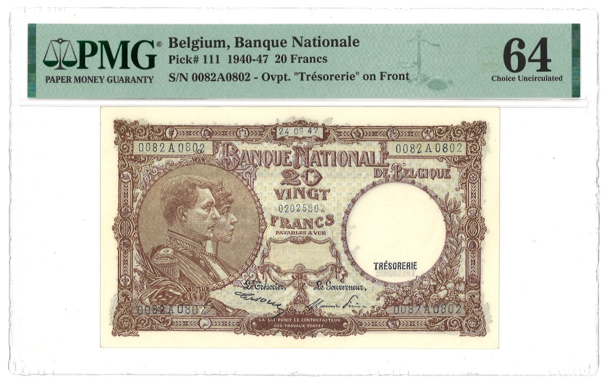 Belgium. 20 Francs. Banknote. Type 1940/1947. - PMG 64