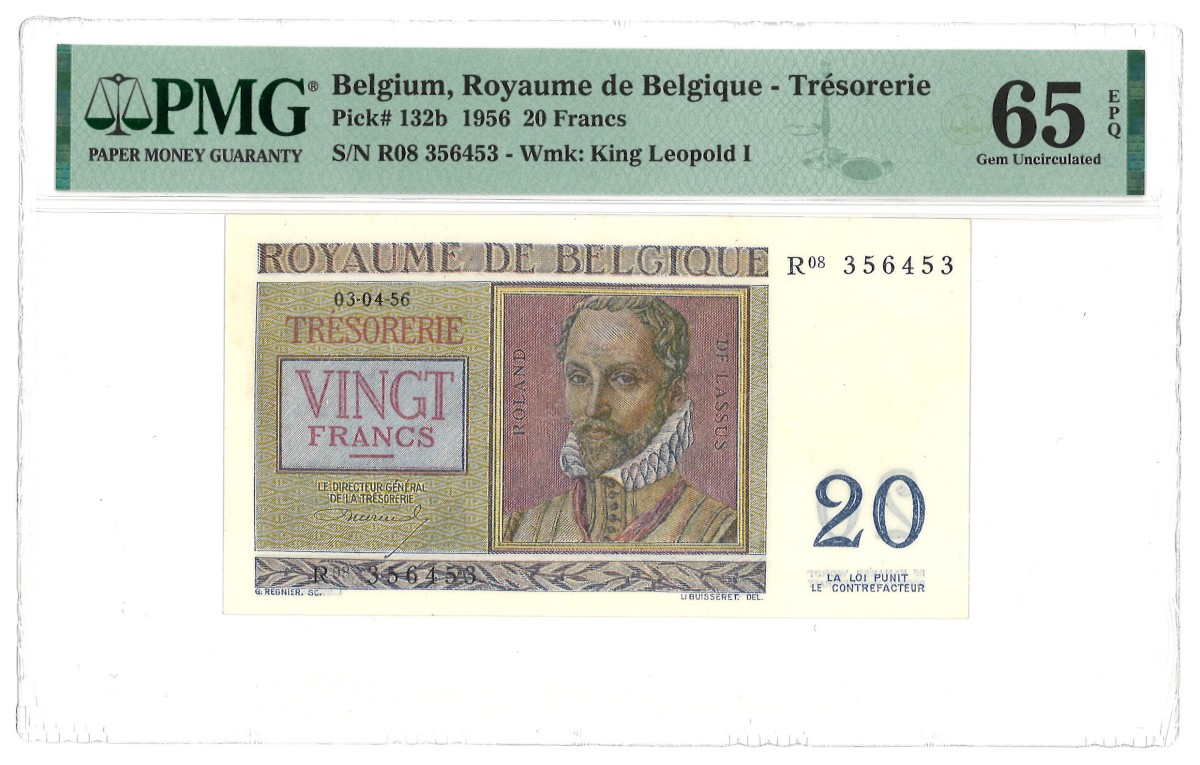 Belgium. 20 Francs. Banknote. Type 1956. - PMG 65EPQ