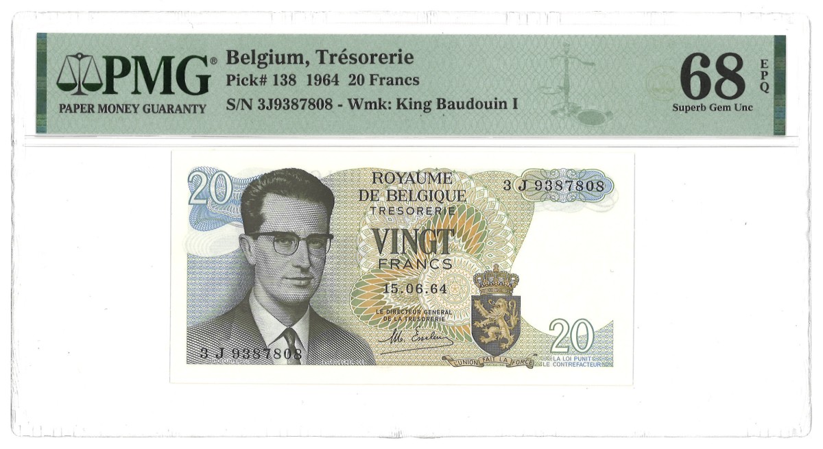 Belgium. 20 Francs. Banknote. Type 1964. Type Top pop. - PMG 68EPQ