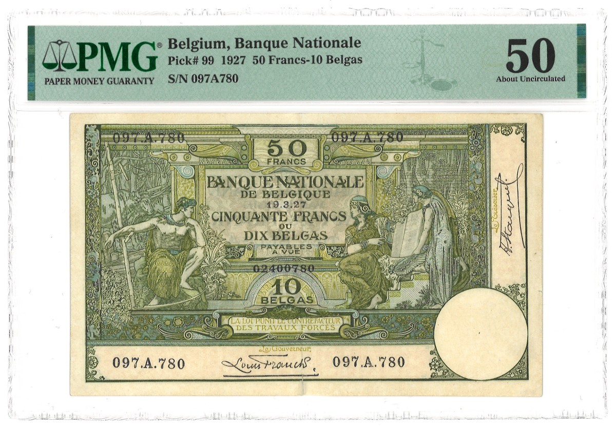 Belgium. 50 Francs. Banknote. Type 1927. Type 1 In Higher Grading. - PMG 50