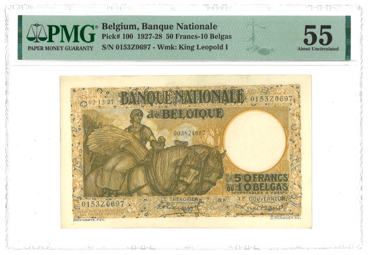 Belgium. 50 Francs. Banknote. Type 1927/1928. Type 3 In Higher Grading. - PMG 55