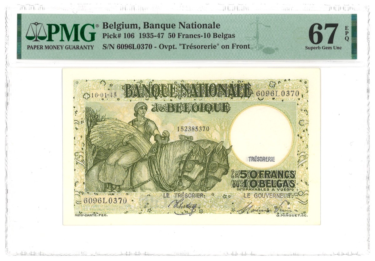 Belgium. 50 Francs. Banknote. Type 1935/1947. Type Top pop. - PMG 67EPQ