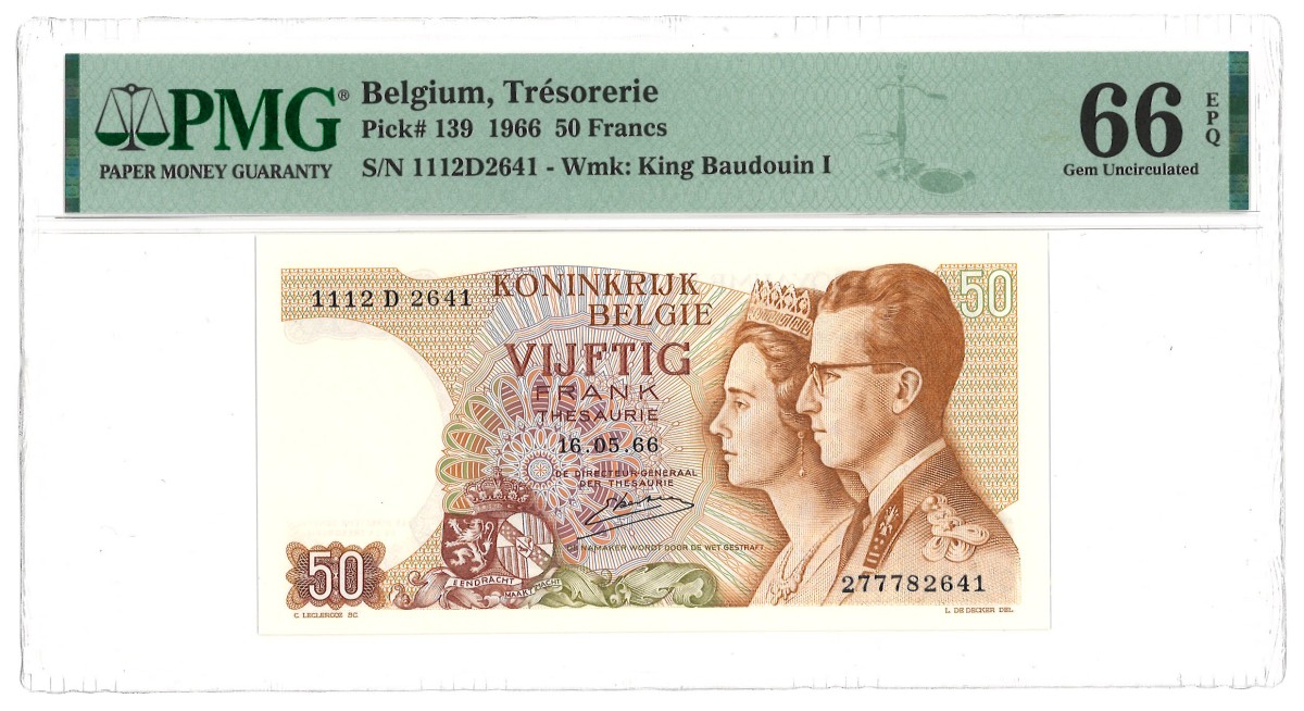 Belgium. 50 Francs. Banknote. Type 1966. - PMG 66EPQ